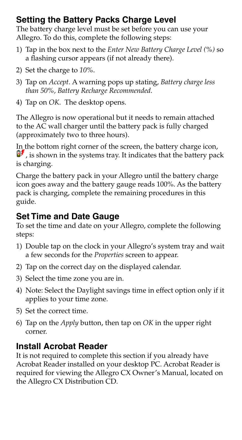 Setting the battery packs charge level, Set time and date gauge, Install acrobat reader | Juniper Systems Allegro CX Quick Start User Manual | Page 2 / 6