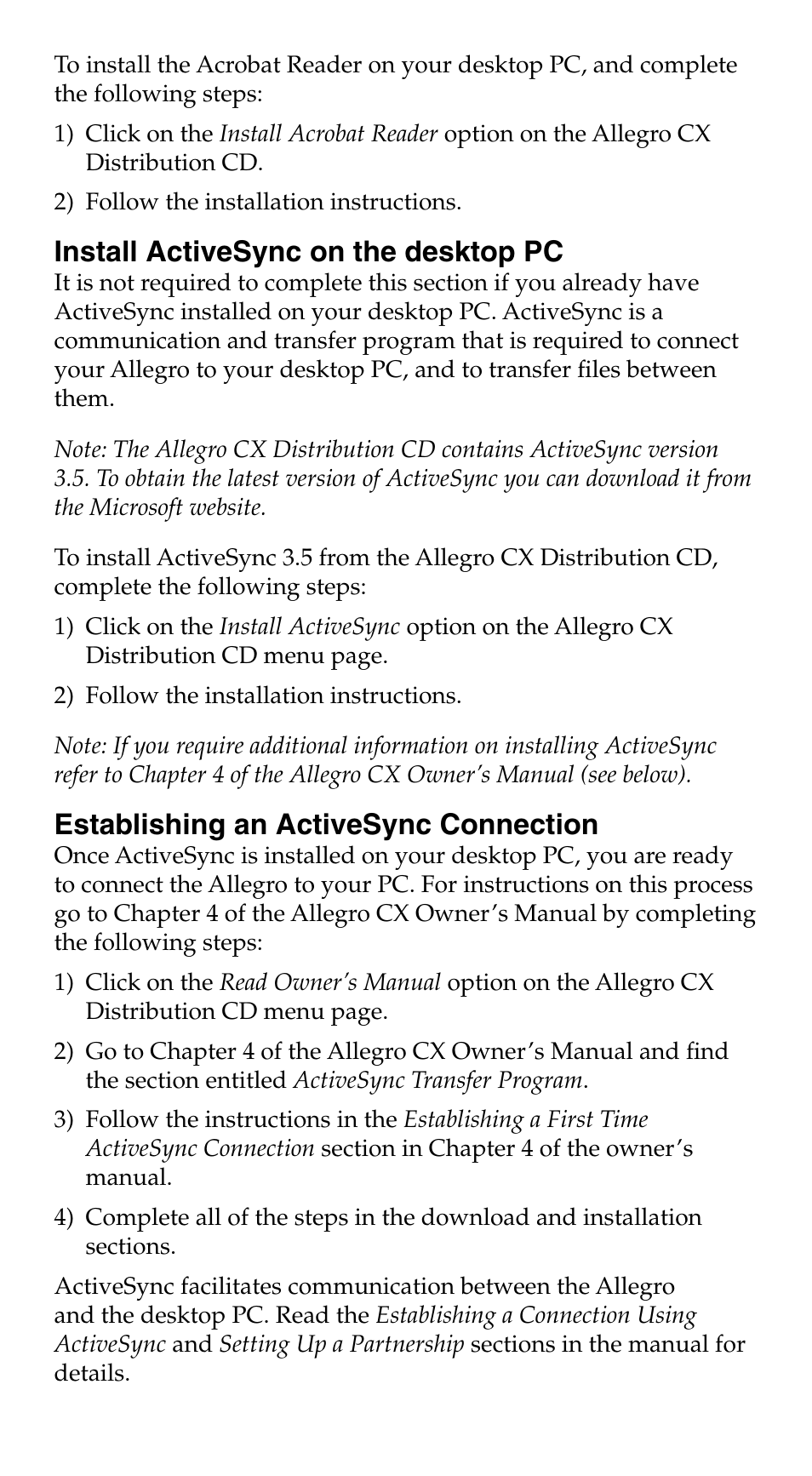 Install activesync on the desktop pc, Establishing an activesync connection | Juniper Systems Allegro CX Quick Start User Manual | Page 3 / 6