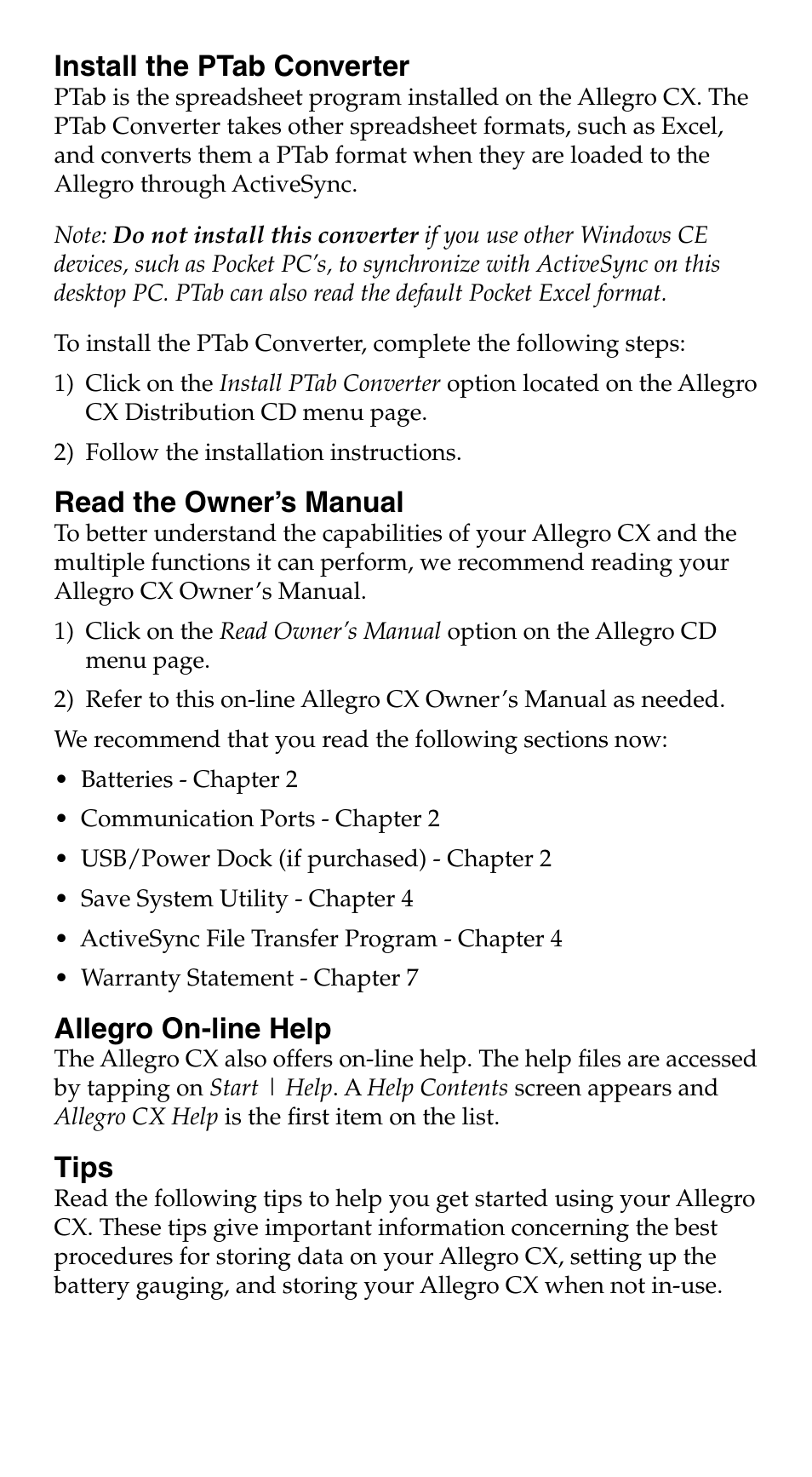 Install the ptab converter, Read the owner’s manual, Allegro on-line help | Tips | Juniper Systems Allegro CX Quick Start User Manual | Page 4 / 6
