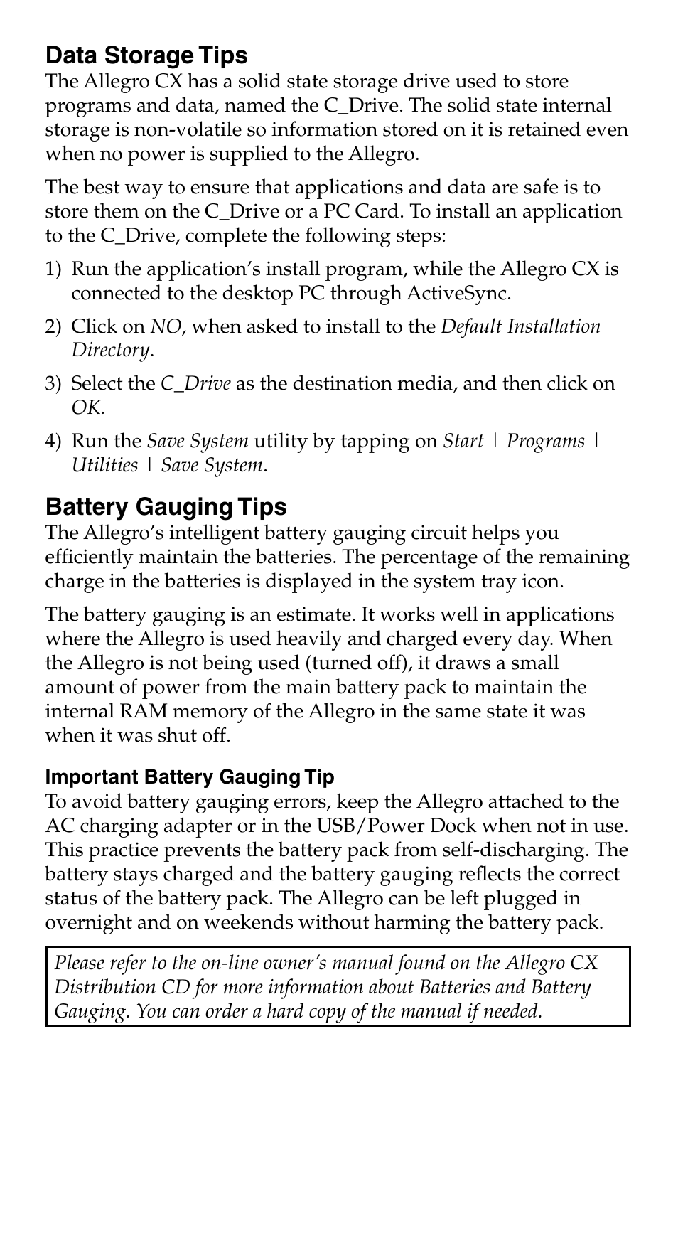 Data storage tips, Battery gauging tips | Juniper Systems Allegro CX Quick Start User Manual | Page 5 / 6