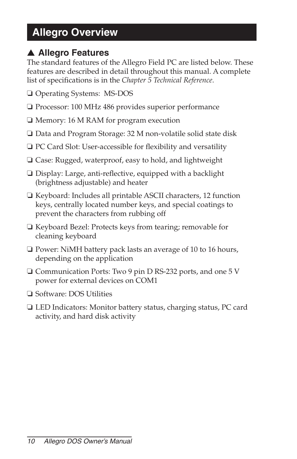 Allegro overview, Allegro features | Juniper Systems Allegro DOS Manual User Manual | Page 10 / 166