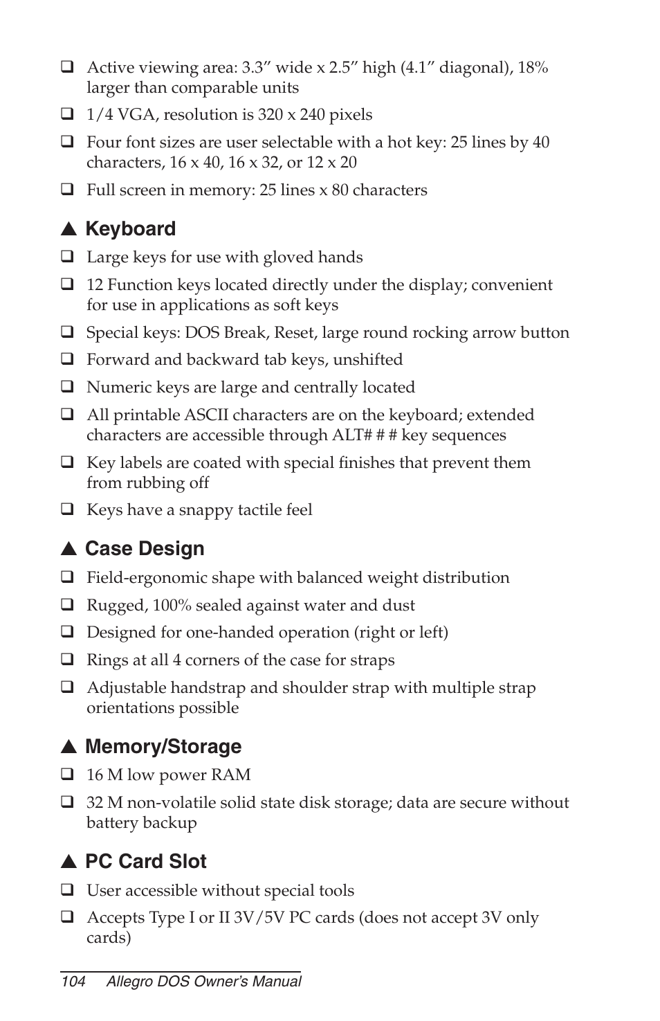 Keyboard, Case design, Memory/storage | Pc card slot | Juniper Systems Allegro DOS Manual User Manual | Page 104 / 166