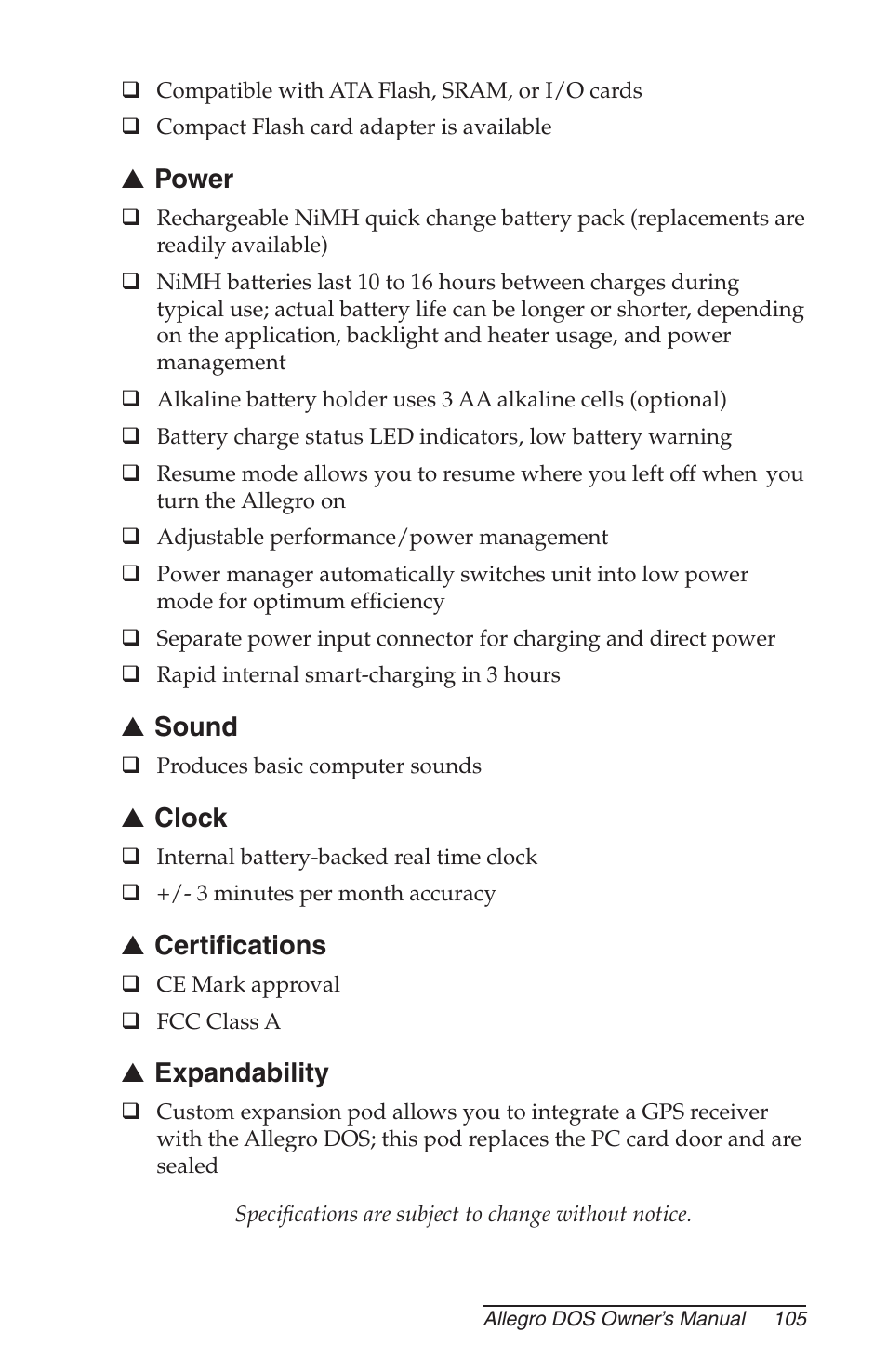 Power, Sound, Clock | Certifi cations, Expandability | Juniper Systems Allegro DOS Manual User Manual | Page 105 / 166