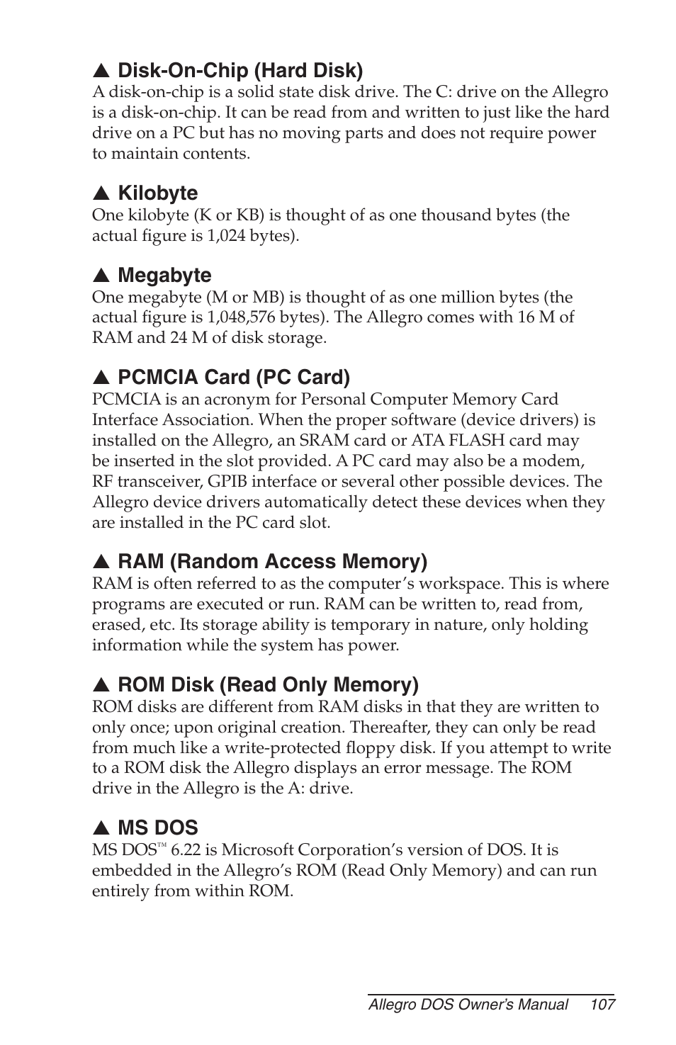 Disk-on-chip (hard disk), Kilobyte, Megabyte | Pcmcia card (pc card), Ram (random access memory), Rom disk (read only memory), Ms dos | Juniper Systems Allegro DOS Manual User Manual | Page 107 / 166