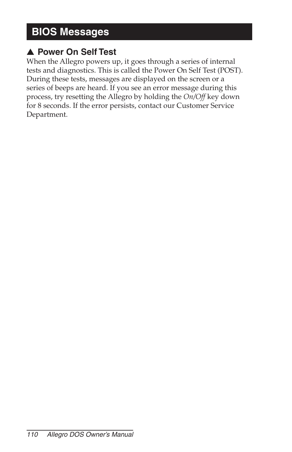 Bios messages, Power on self test | Juniper Systems Allegro DOS Manual User Manual | Page 110 / 166
