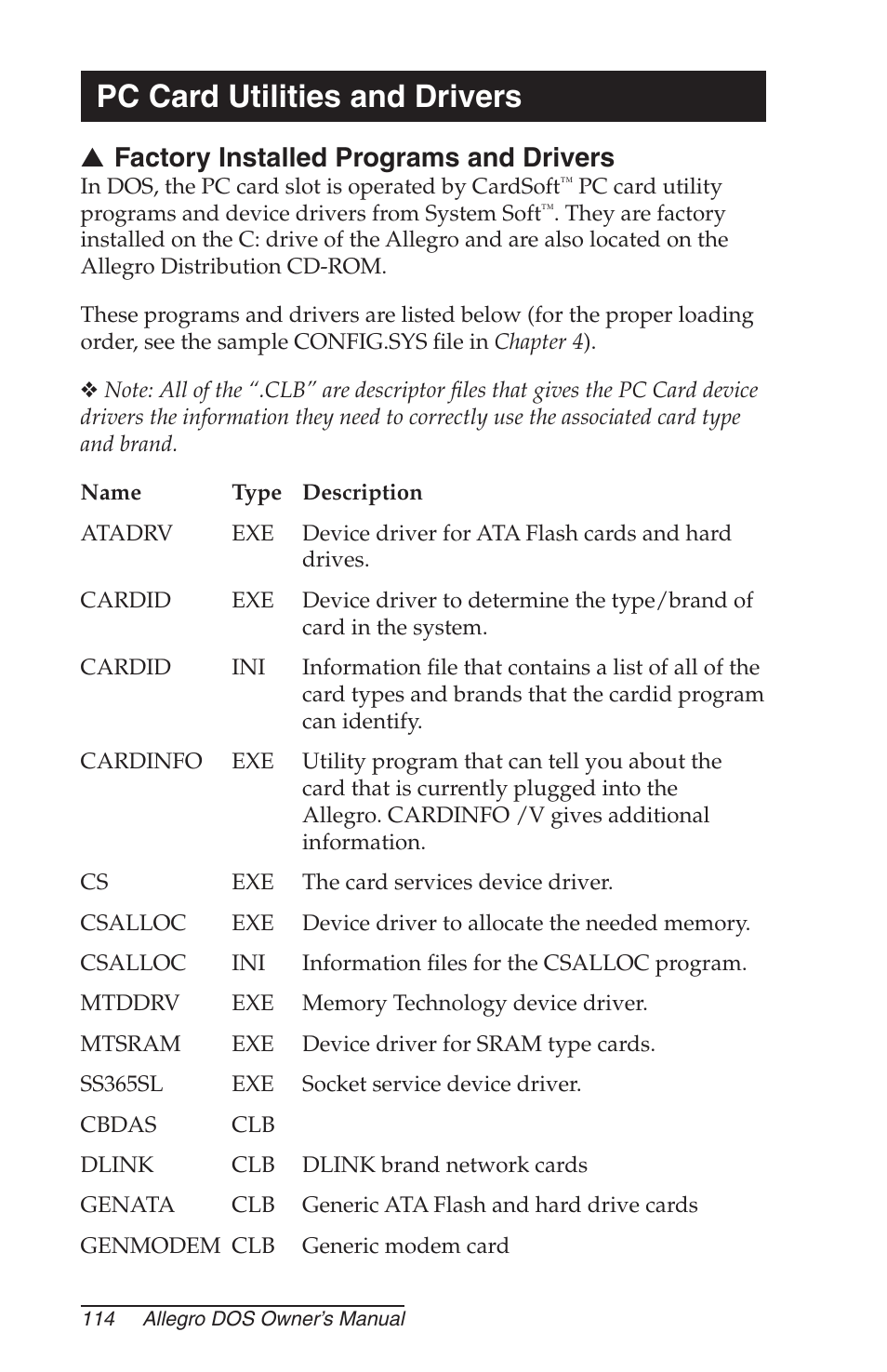 Pc card utilities and drivers, Factory installed programs and drivers | Juniper Systems Allegro DOS Manual User Manual | Page 114 / 166