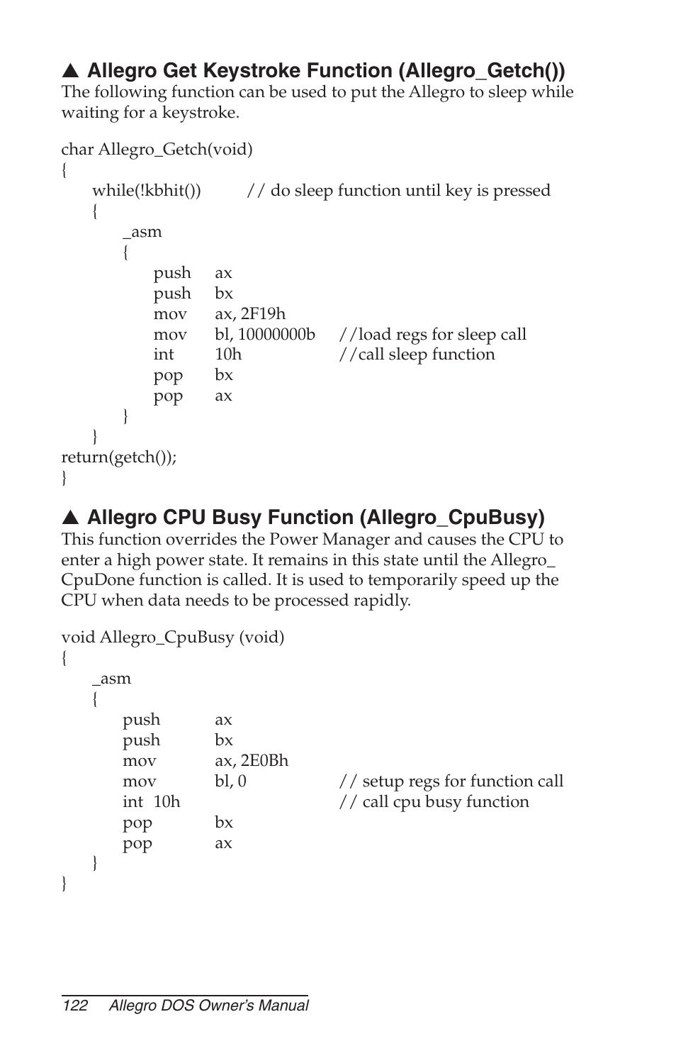 Allegro get keystroke function (allegro_getch()), Allegro cpu busy function (allegro_cpubusy) | Juniper Systems Allegro DOS Manual User Manual | Page 122 / 166