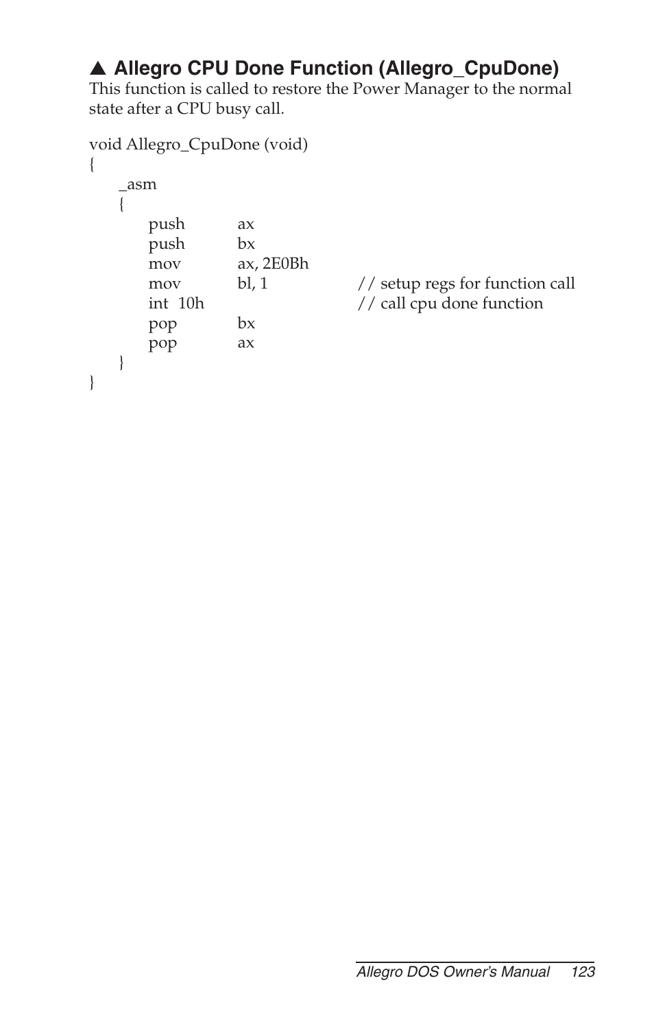 Allegro cpu done function (allegro_cpudone) | Juniper Systems Allegro DOS Manual User Manual | Page 123 / 166