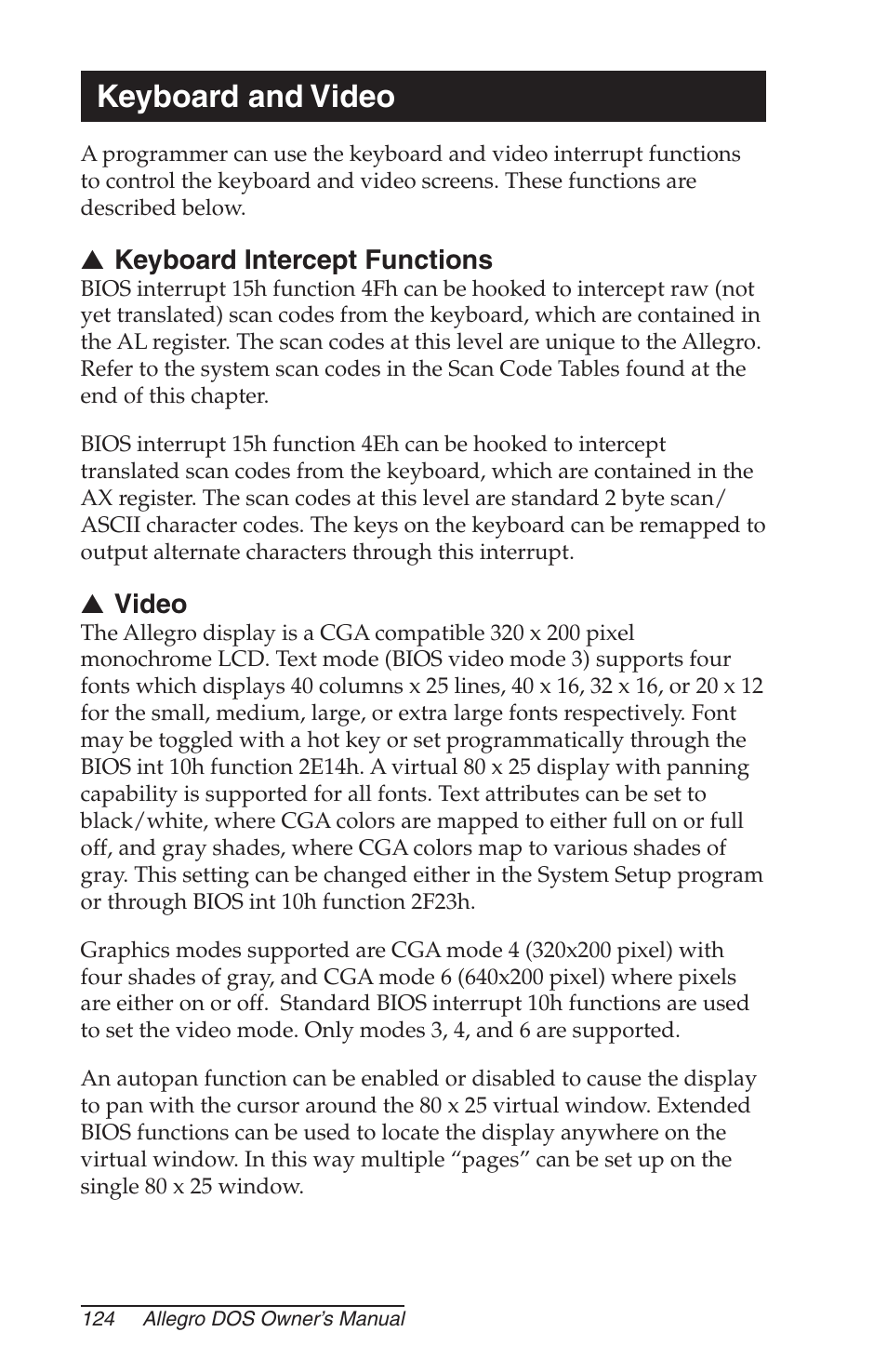 Keyboard and video, Keyboard intercept functions, Video | Juniper Systems Allegro DOS Manual User Manual | Page 124 / 166