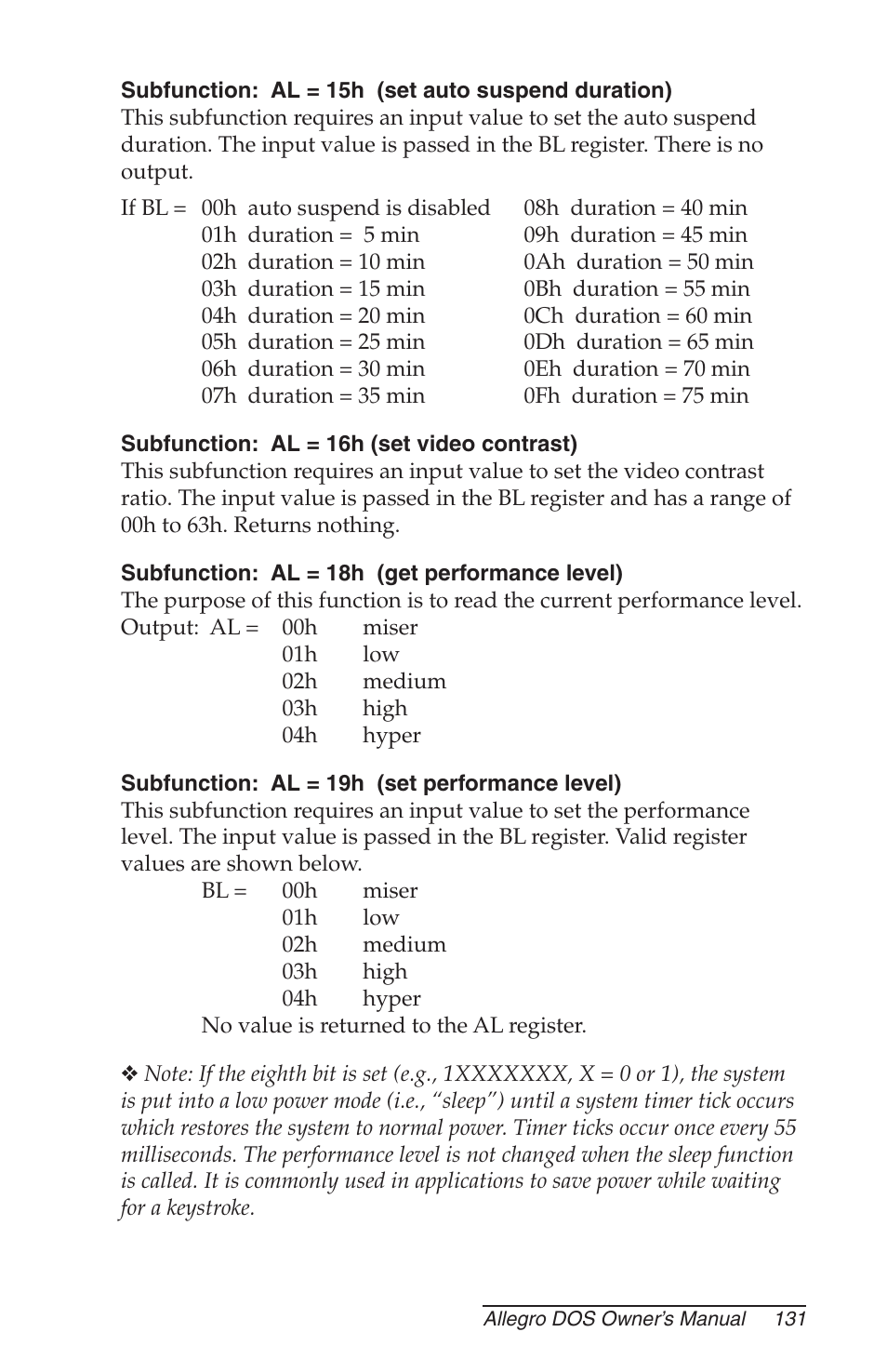 Subfunction: al = 15h (set auto suspend duration), Subfunction: al = 16h (set video contrast), Subfunction: al = 18h (get performance level) | Subfunction: al = 19h (set performance level) | Juniper Systems Allegro DOS Manual User Manual | Page 131 / 166