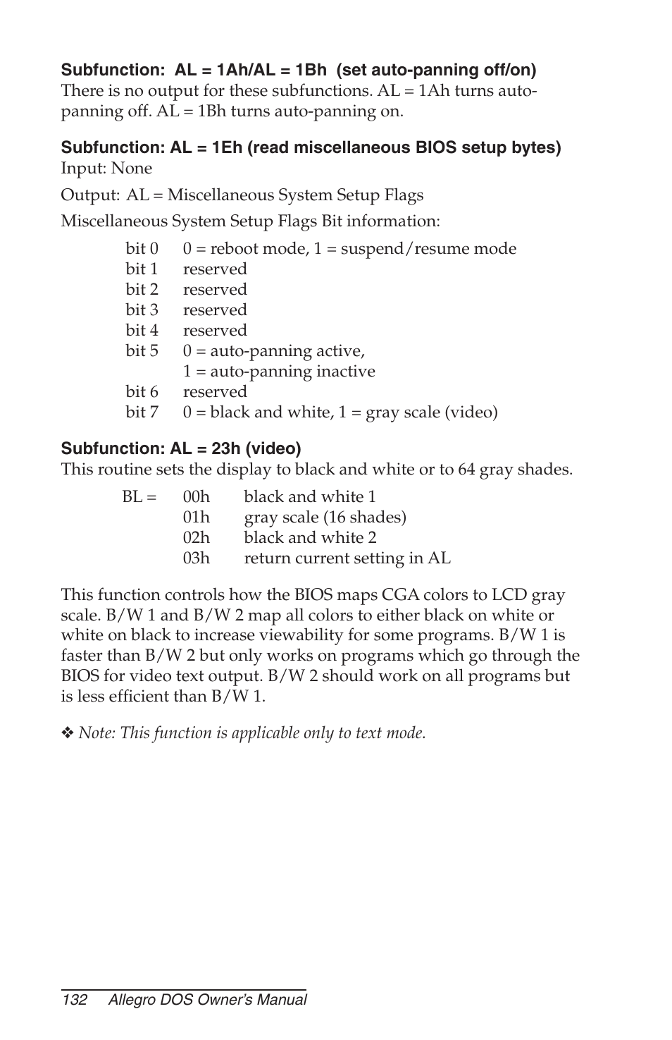 Subfunction: al = 23h (video) | Juniper Systems Allegro DOS Manual User Manual | Page 132 / 166