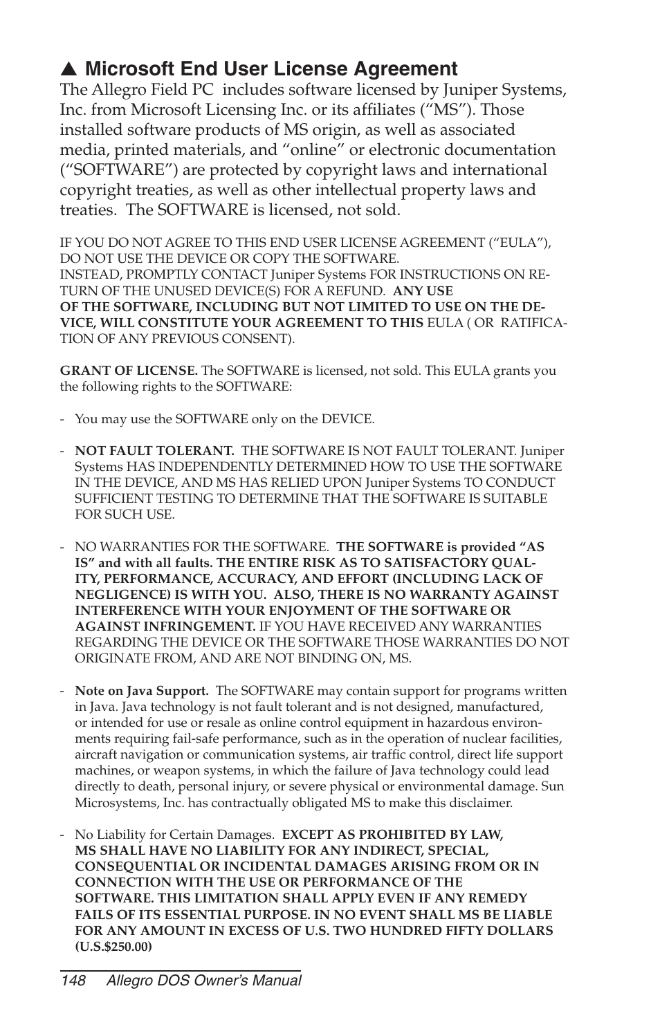 Microsoft end user license agreement | Juniper Systems Allegro DOS Manual User Manual | Page 148 / 166