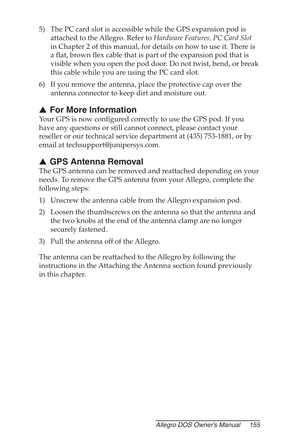 For more information, Gps antenna removal | Juniper Systems Allegro DOS Manual User Manual | Page 155 / 166