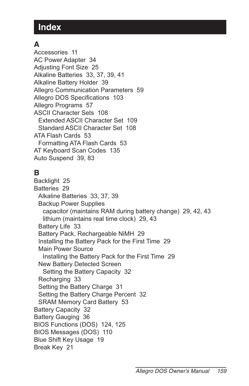 Index | Juniper Systems Allegro DOS Manual User Manual | Page 159 / 166