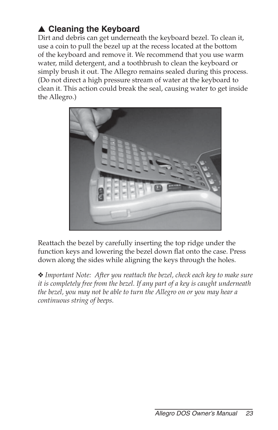 Cleaning the keyboard | Juniper Systems Allegro DOS Manual User Manual | Page 23 / 166