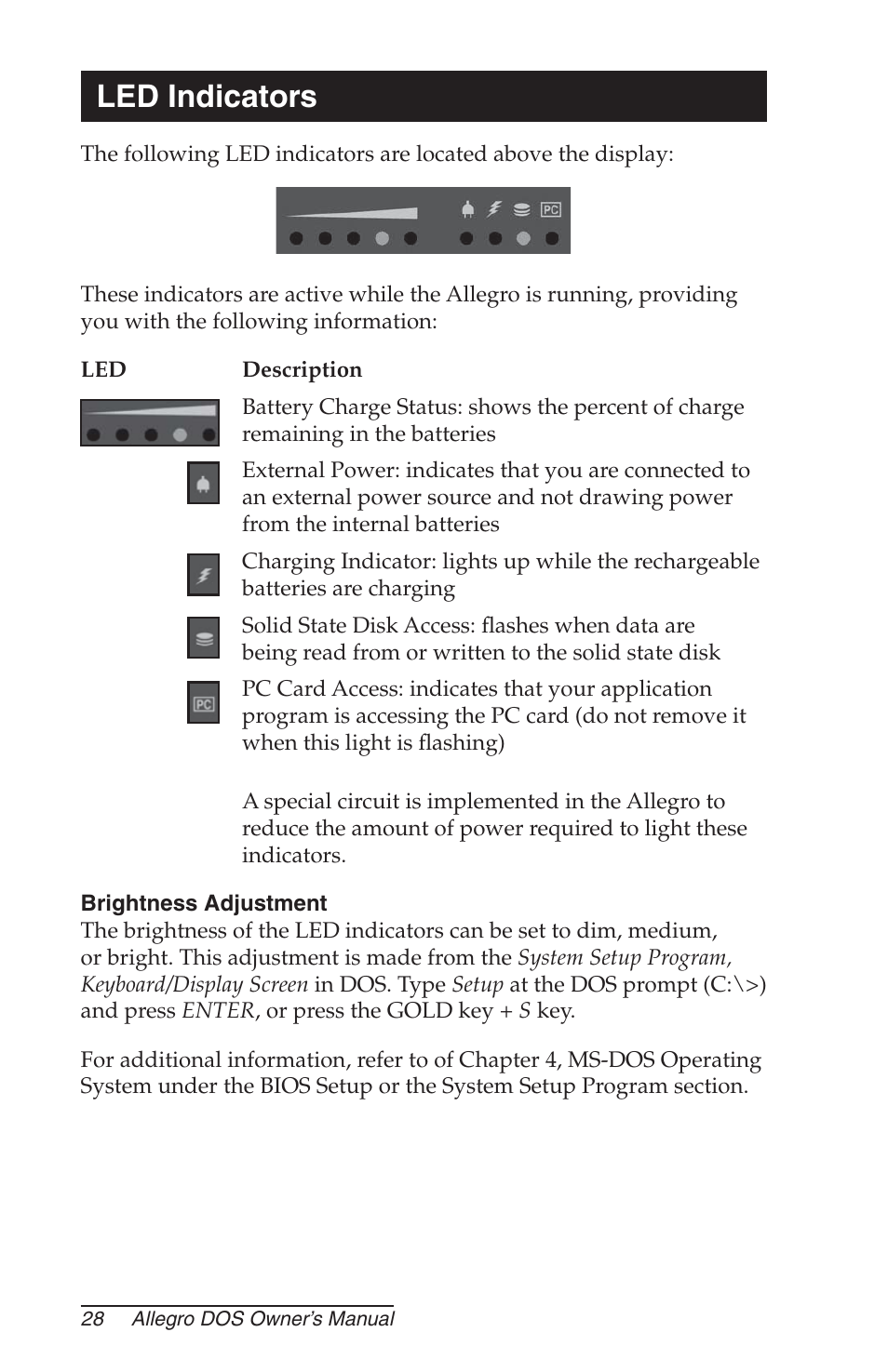 Led indicators, Brightness adjustment | Juniper Systems Allegro DOS Manual User Manual | Page 28 / 166