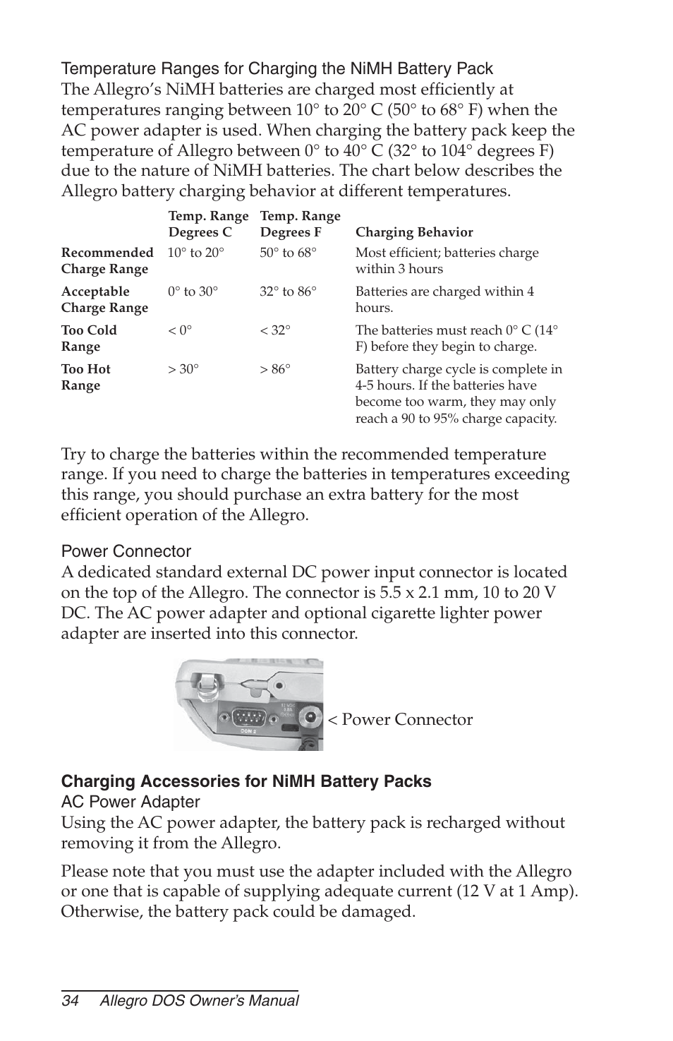 Power connector, Charging accessories for nimh battery packs, Ac power adapter | Juniper Systems Allegro DOS Manual User Manual | Page 34 / 166