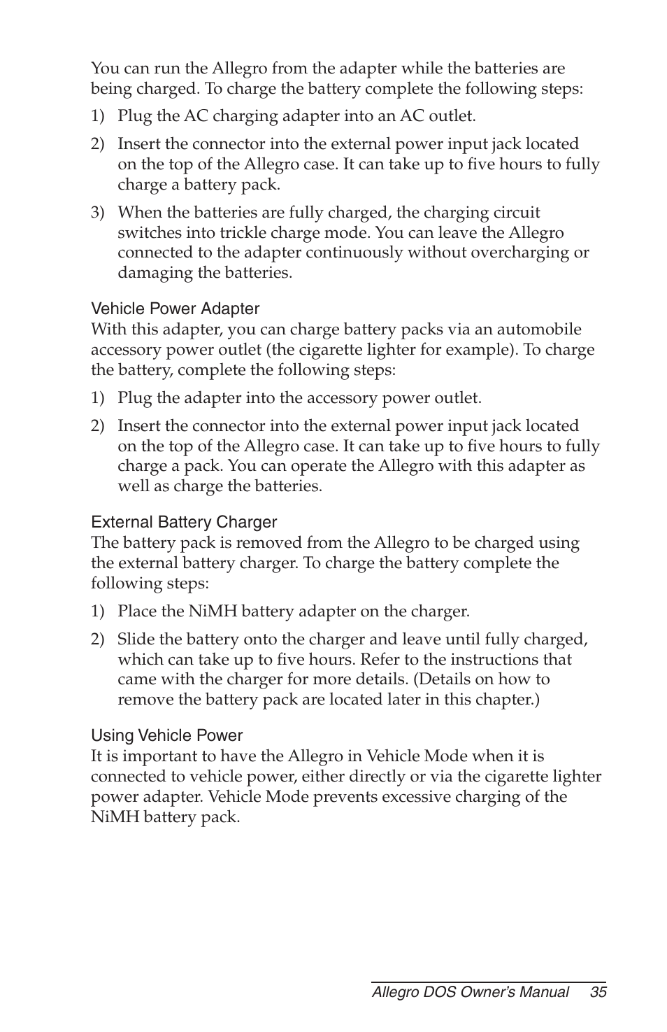 Vehicle power adapter, External battery charger, Using vehicle power | Juniper Systems Allegro DOS Manual User Manual | Page 35 / 166