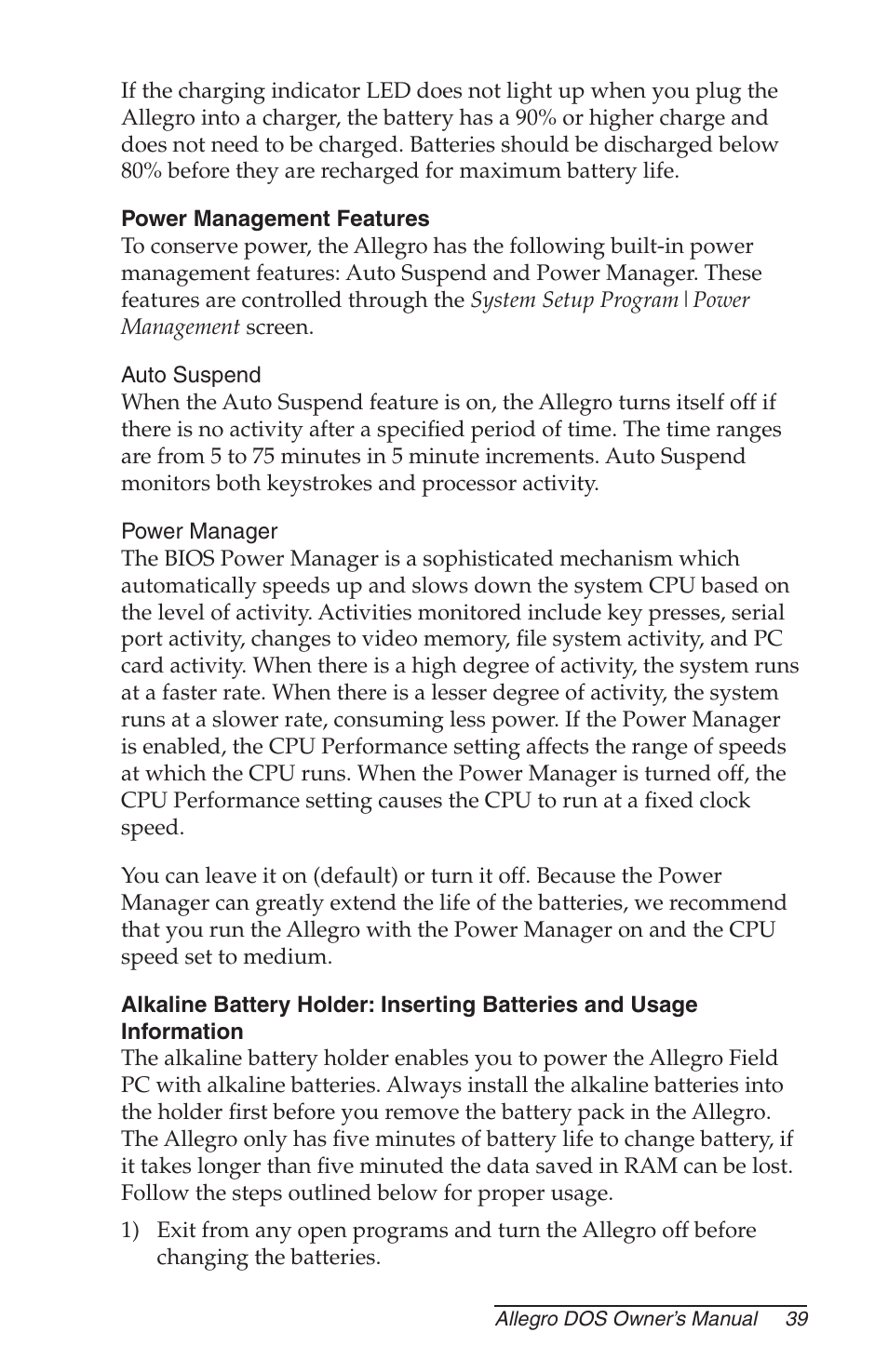 Power management features, Auto suspend, Power manager | Juniper Systems Allegro DOS Manual User Manual | Page 39 / 166