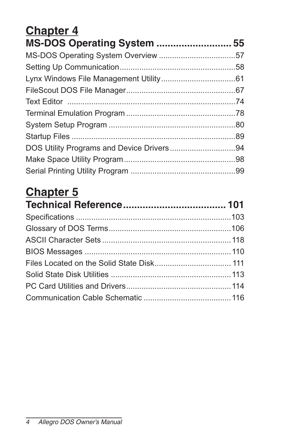 Chapter 4, Chapter 5, Ms-dos operating system | Technical reference | Juniper Systems Allegro DOS Manual User Manual | Page 4 / 166