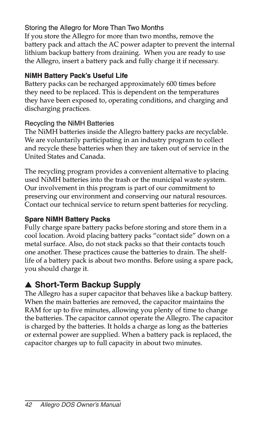 Storing the allegro for more than two months, Nimh battery pack’s useful life, Recycling the nimh batteries | Spare nimh battery packs, Short-term backup supply | Juniper Systems Allegro DOS Manual User Manual | Page 42 / 166