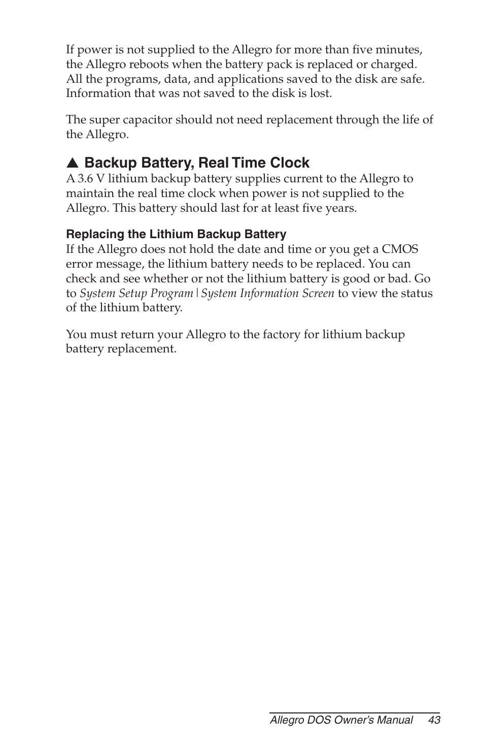 Backup battery, real time clock, Replacing the lithium backup battery | Juniper Systems Allegro DOS Manual User Manual | Page 43 / 166