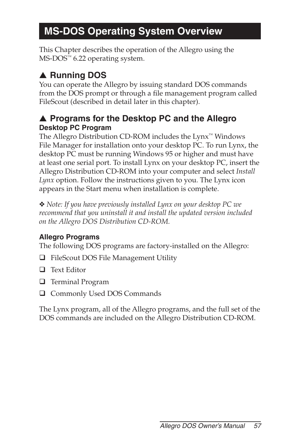 Ms-dos operating system overview, Running dos, Programs for the desktop pc and the allegro | Desktop pc program, Allegro programs | Juniper Systems Allegro DOS Manual User Manual | Page 57 / 166