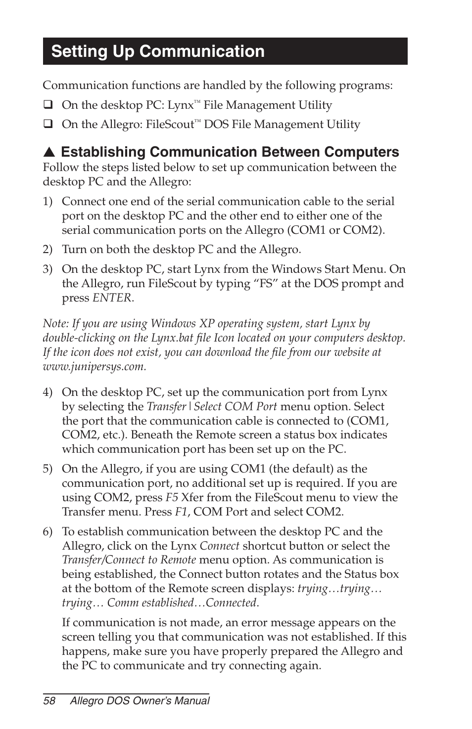 Setting up communication, Establishing communication between computers | Juniper Systems Allegro DOS Manual User Manual | Page 58 / 166