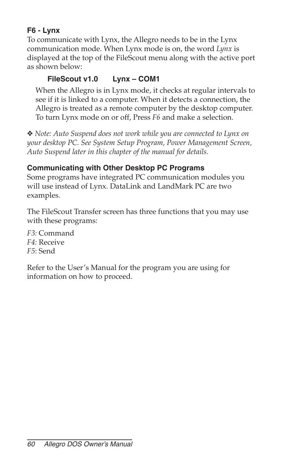 F6 - lynx, Communicating with other desktop pc programs | Juniper Systems Allegro DOS Manual User Manual | Page 60 / 166