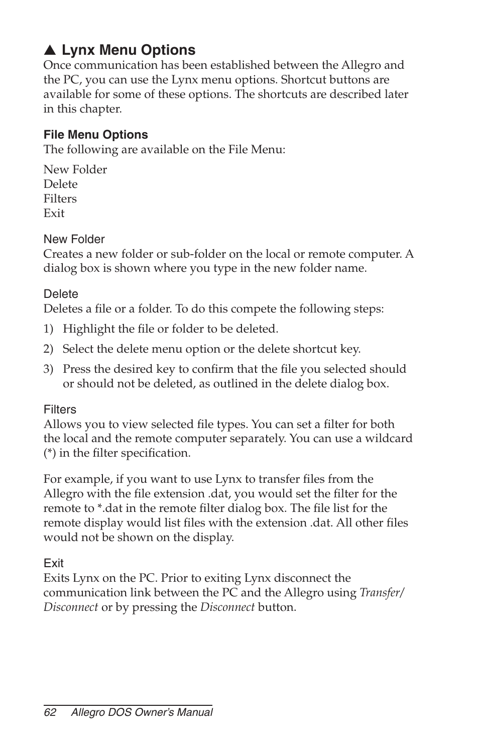 Lynx menu options, File menu options, New folder | Delete, Filters, Exit | Juniper Systems Allegro DOS Manual User Manual | Page 62 / 166