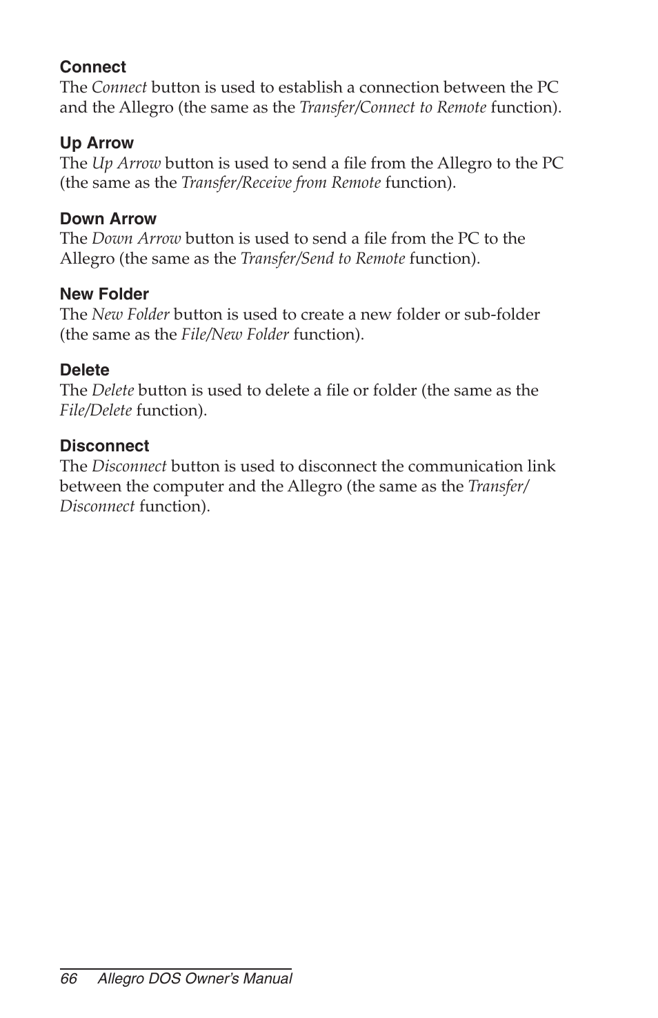 Connect, Up arrow, Down arrow | New folder, Delete, Disconnect | Juniper Systems Allegro DOS Manual User Manual | Page 66 / 166