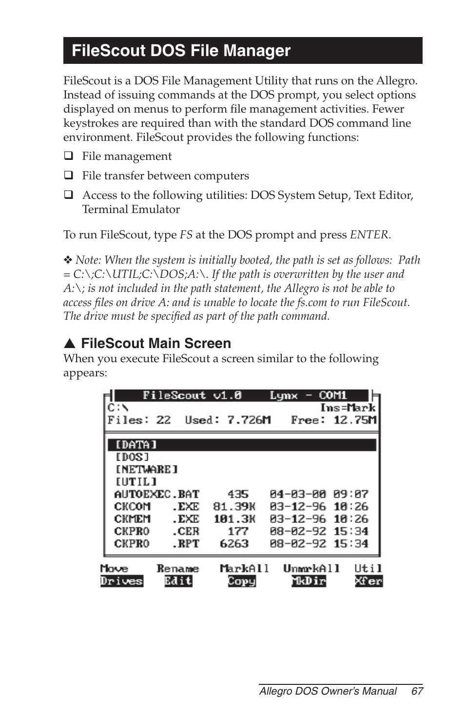 Filescout dos file manager, Filescout main screen | Juniper Systems Allegro DOS Manual User Manual | Page 67 / 166