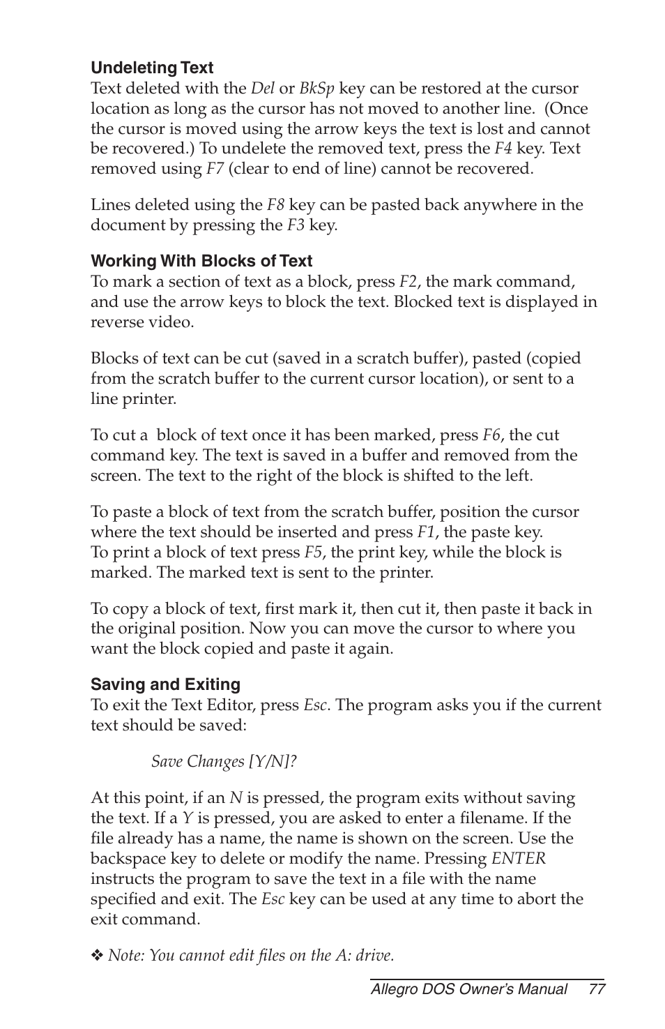 Undeleting text, Working with blocks of text, Saving and exiting | Juniper Systems Allegro DOS Manual User Manual | Page 77 / 166