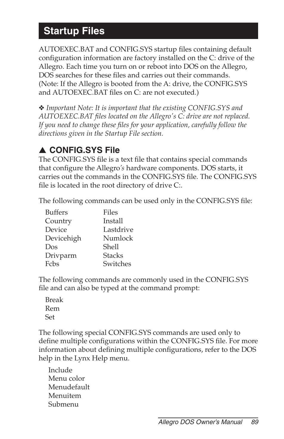 Startup files, Config.sys file | Juniper Systems Allegro DOS Manual User Manual | Page 89 / 166