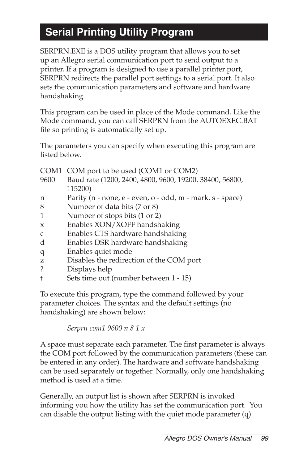 Serial printing utility program | Juniper Systems Allegro DOS Manual User Manual | Page 99 / 166