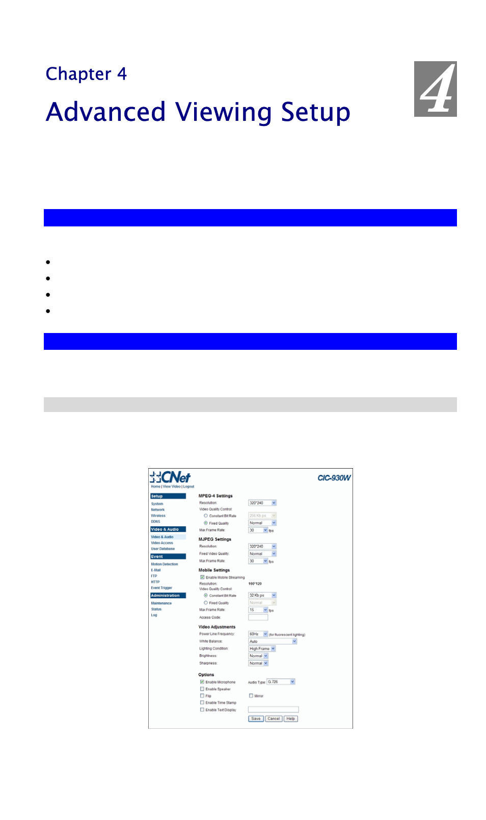 Chapter 4 advanced viewing setup, Introduction, Adjusting the video image | Introduction adjusting the video image, Advanced viewing setup | CNET CIC-930W User Manual | Page 21 / 94