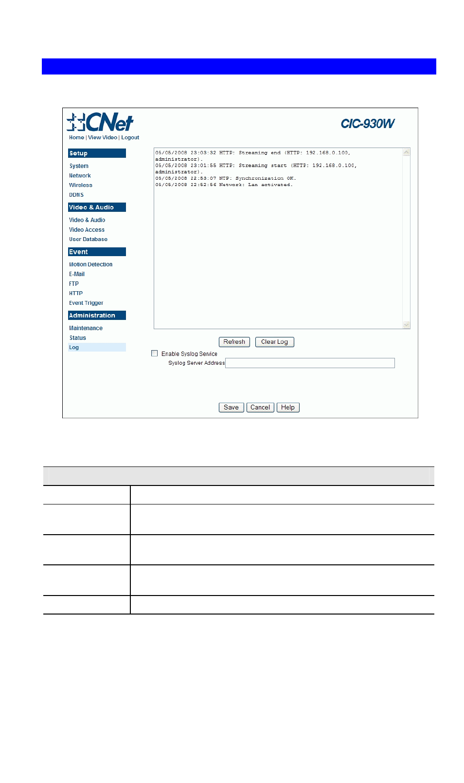 Log screen | CNET CIC-930W User Manual | Page 59 / 94