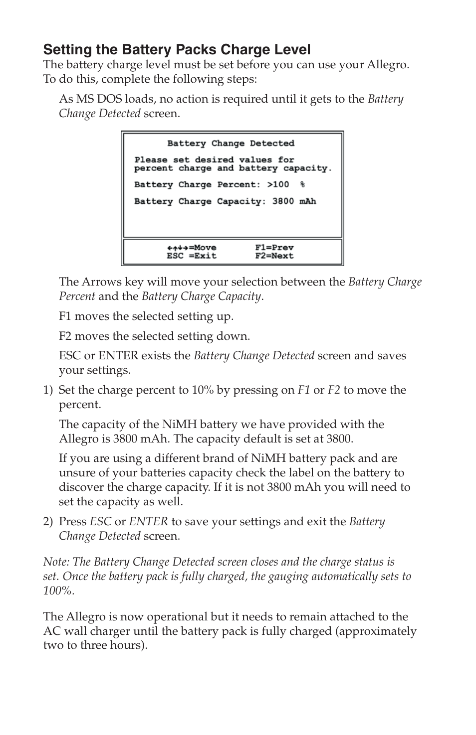 Setting the battery packs charge level | Juniper Systems Allegro DOS Quick Start User Manual | Page 2 / 4