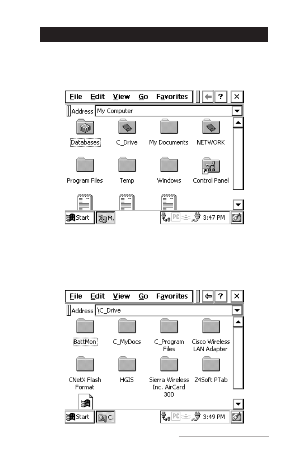 Storing files and programs, C_drive, solid state storage, Storing files and programs -105 | Juniper Systems Allegro CE Manual User Manual | Page 165 / 292