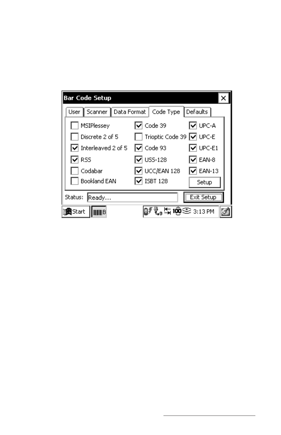 Code type setup, Setup | Juniper Systems Allegro CE Manual User Manual | Page 259 / 292