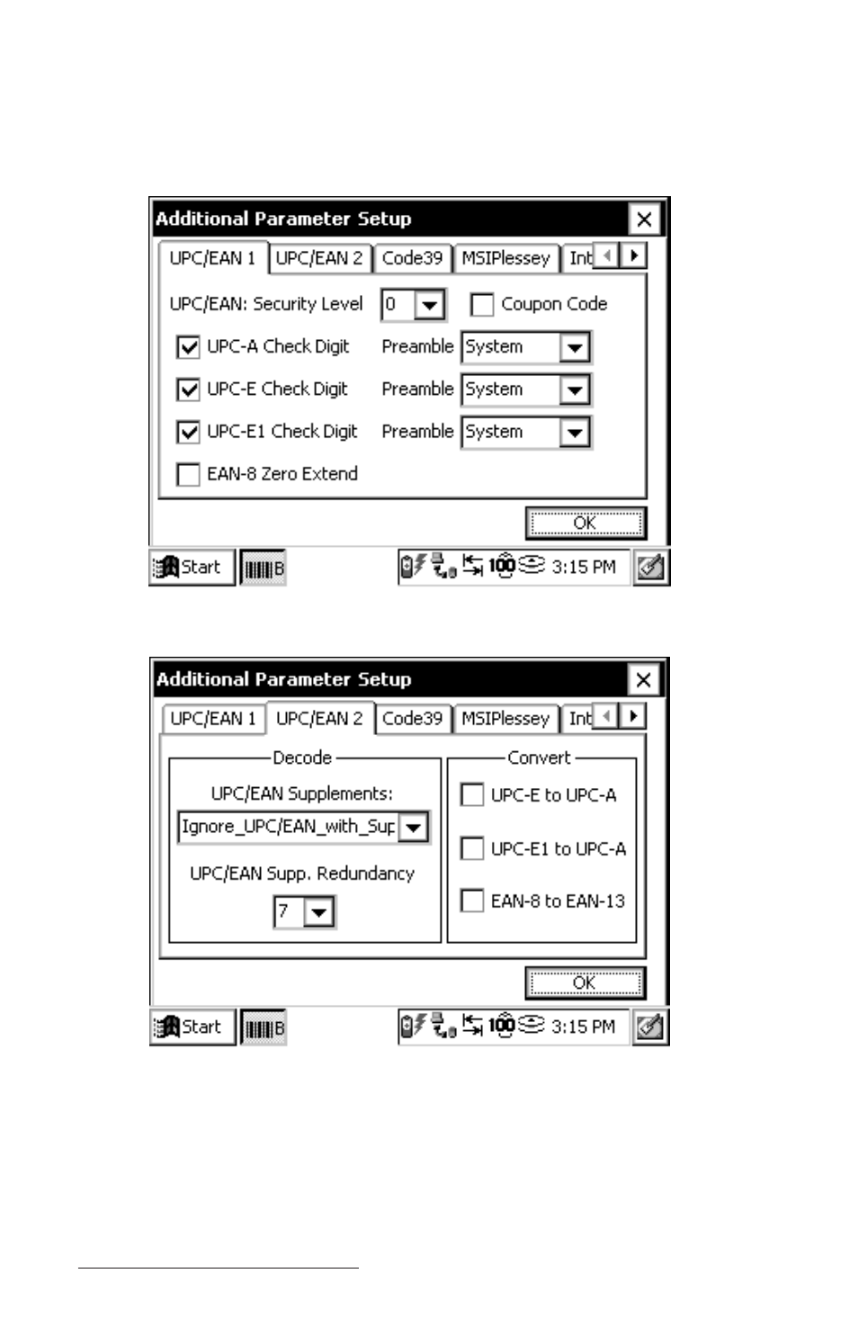 Upc/ean 1, Upc/ean 2 | Juniper Systems Allegro CE Manual User Manual | Page 260 / 292