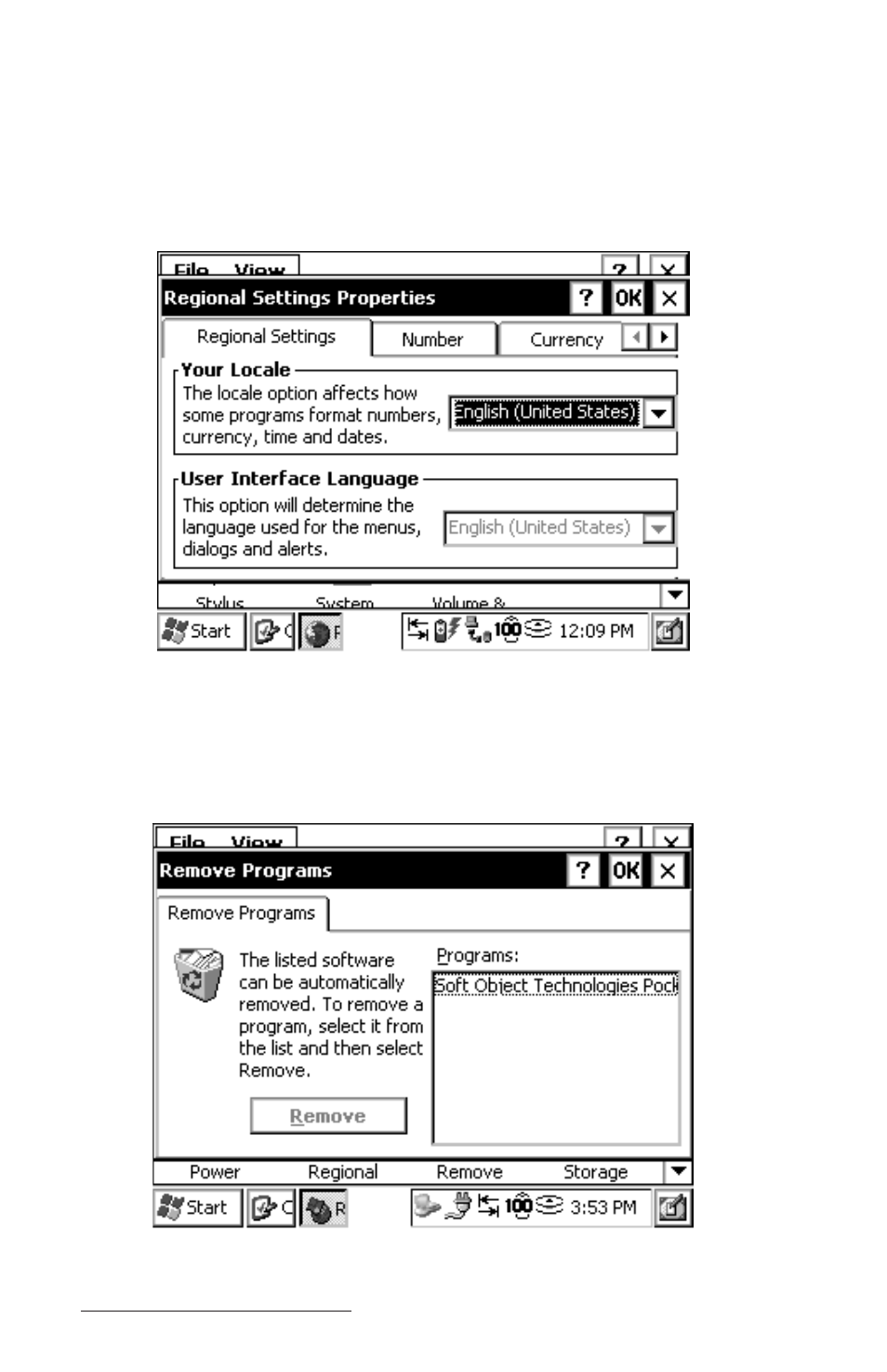 Regional settings, Remove programs | Juniper Systems Allegro CE Manual User Manual | Page 96 / 292