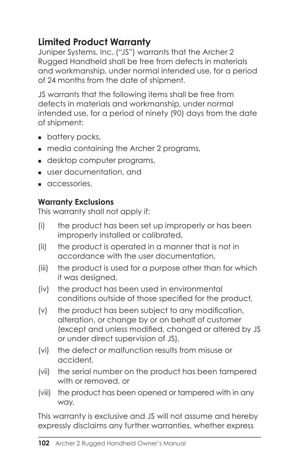 Limited product warranty | Juniper Systems Archer 2 User Guide User Manual | Page 106 / 133