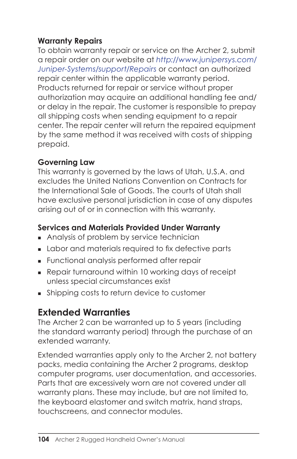 Extended warranties | Juniper Systems Archer 2 User Guide User Manual | Page 108 / 133