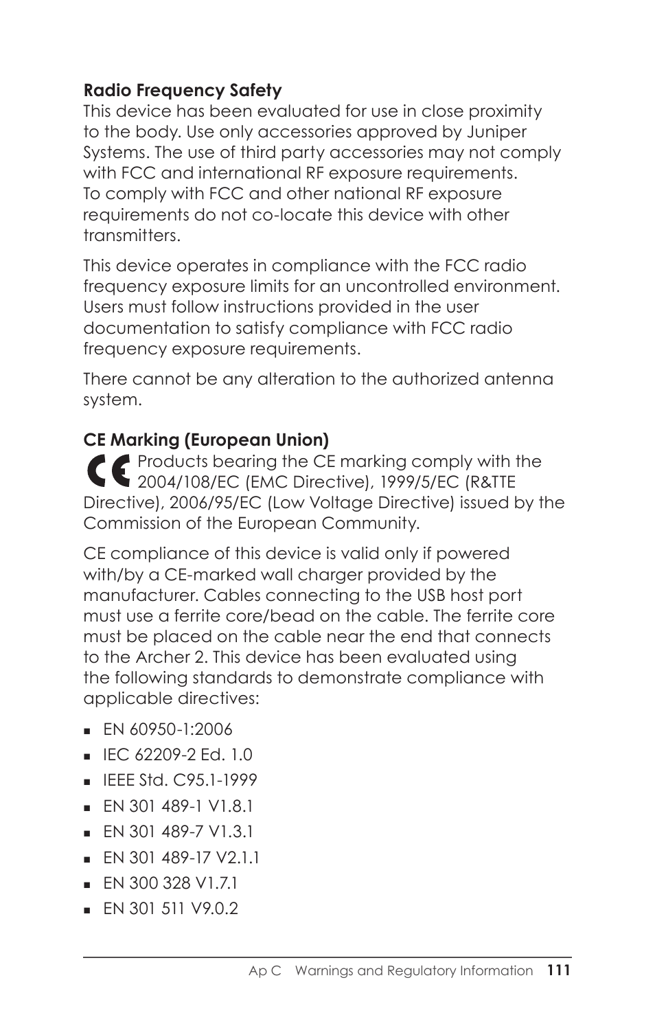 Radio frequency safety, Ce marking (european union) | Juniper Systems Archer 2 User Guide User Manual | Page 115 / 133