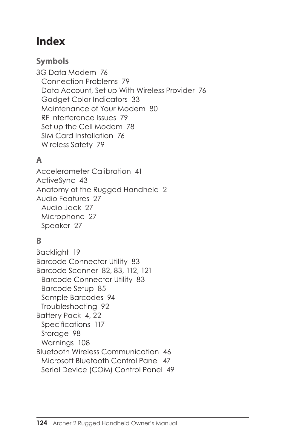 Index, Symbols | Juniper Systems Archer 2 User Guide User Manual | Page 128 / 133