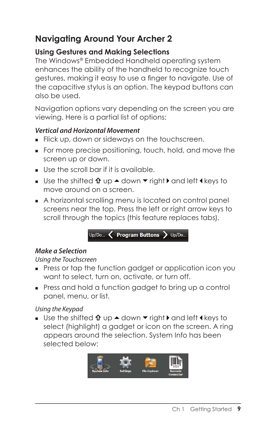 Navigating around your archer 2, Using gestures and making selections, Vertical and horizontal movement | Make a selection | Juniper Systems Archer 2 User Guide User Manual | Page 13 / 133