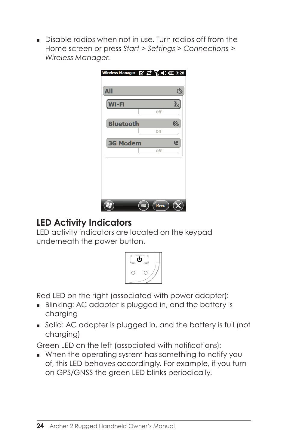 Led activity indicators | Juniper Systems Archer 2 User Guide User Manual | Page 28 / 133