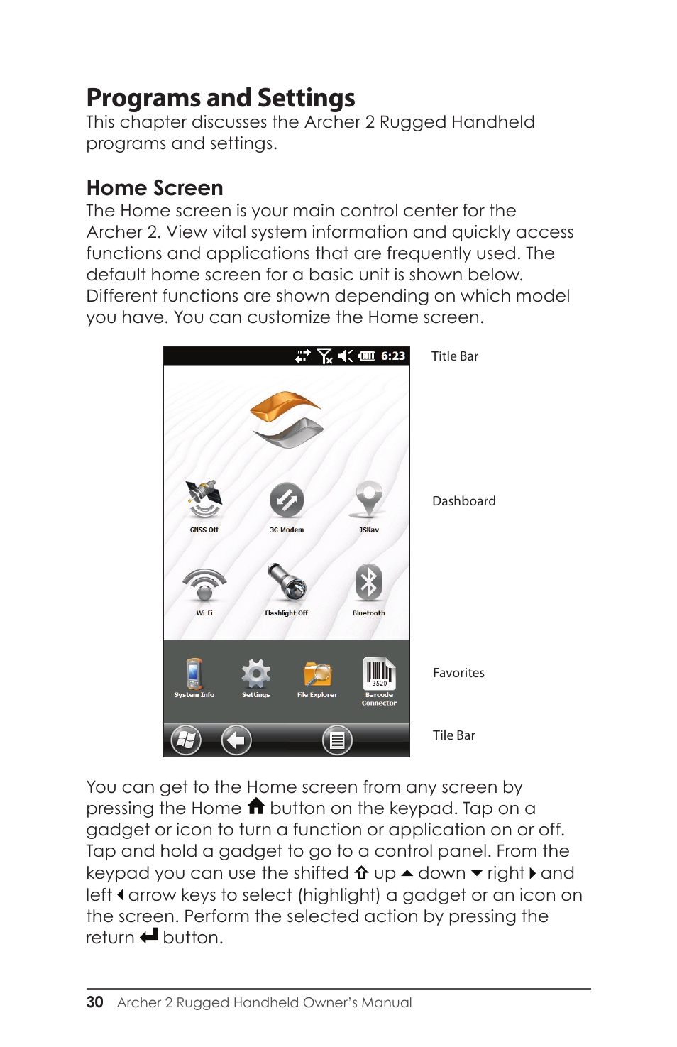 Home screen, Programs and settings | Juniper Systems Archer 2 User Guide User Manual | Page 34 / 133