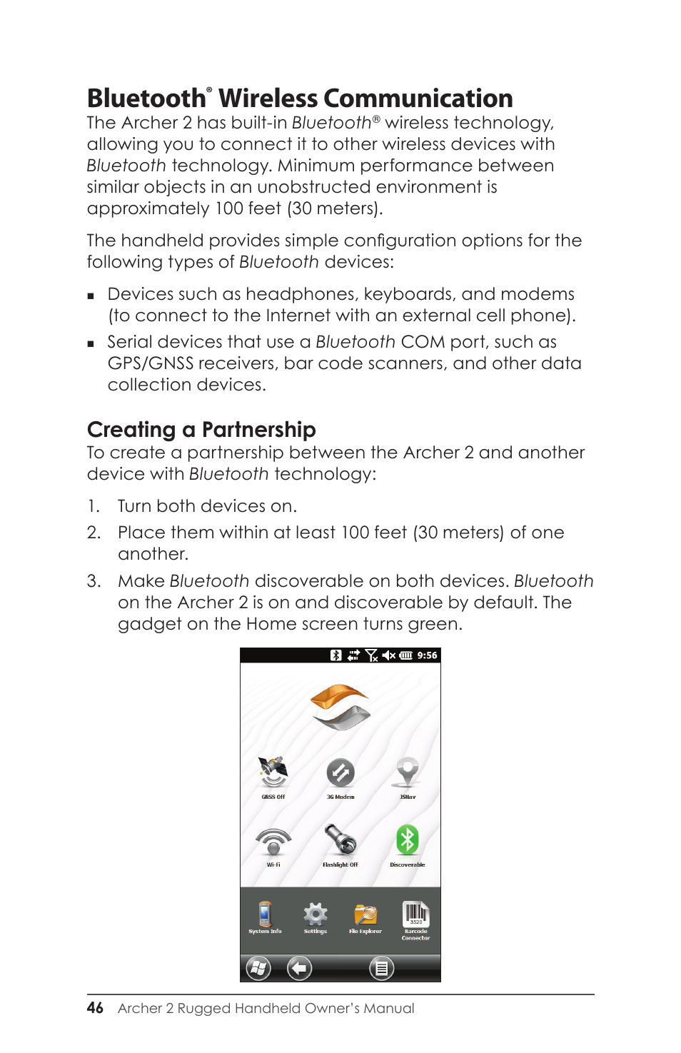 Creating a partnership, Bluetooth, Wireless communication | Juniper Systems Archer 2 User Guide User Manual | Page 50 / 133